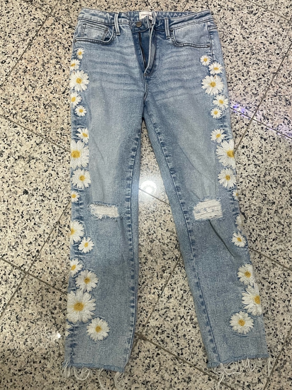DRIFTWOOD Light Blue Daisy Side-Embroidered Skinny Jeans